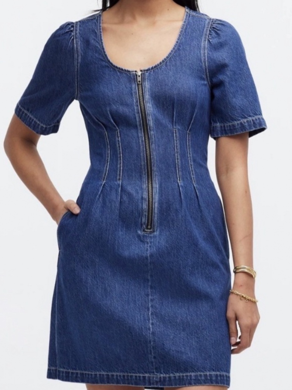 Madewell's Women's Denim Zip Front Side Pocket Short Dress